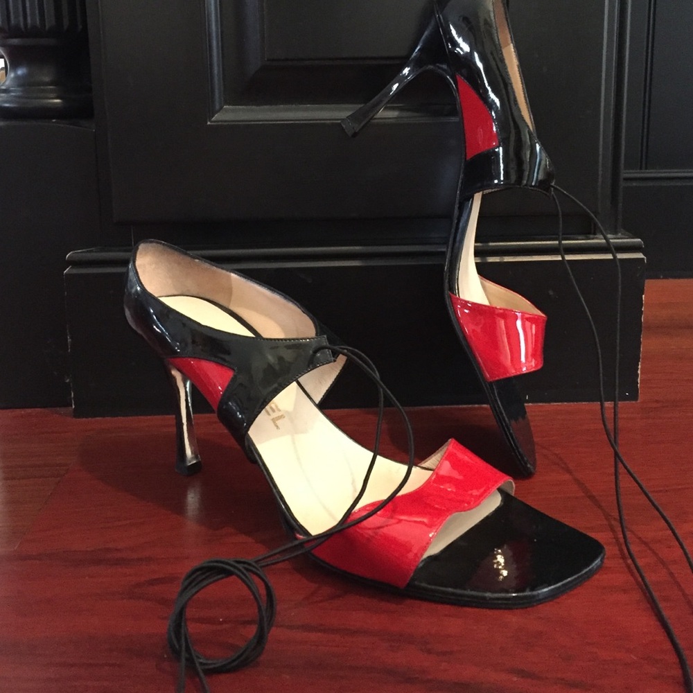 Chanel red and black patent leather heels-